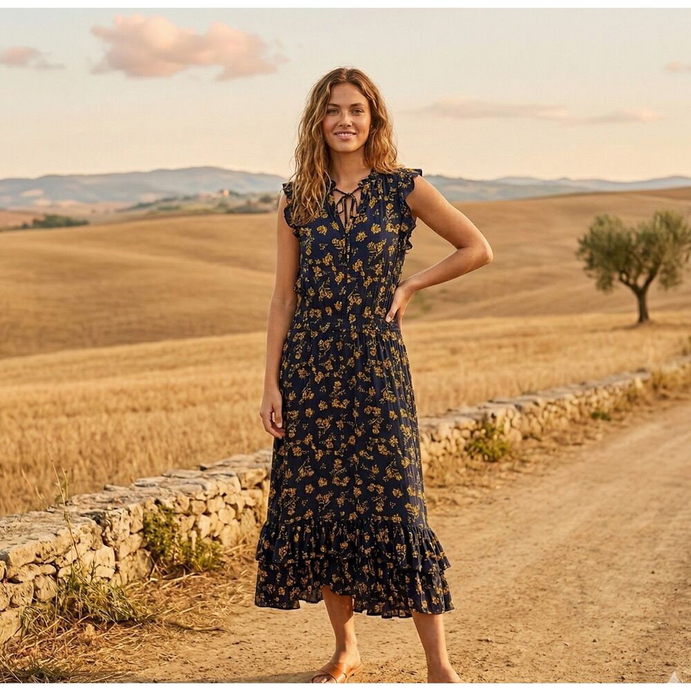 Banana Republic Navy Blue & Yellow Floral Ruffle Cottagecore Maxi Dress